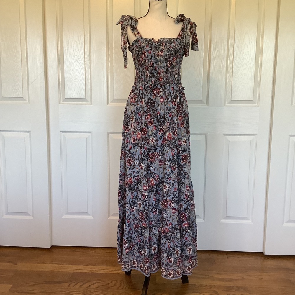 Max Studio London Floral Smocked Tiered Maxi Dress Blue Red Size M NWT